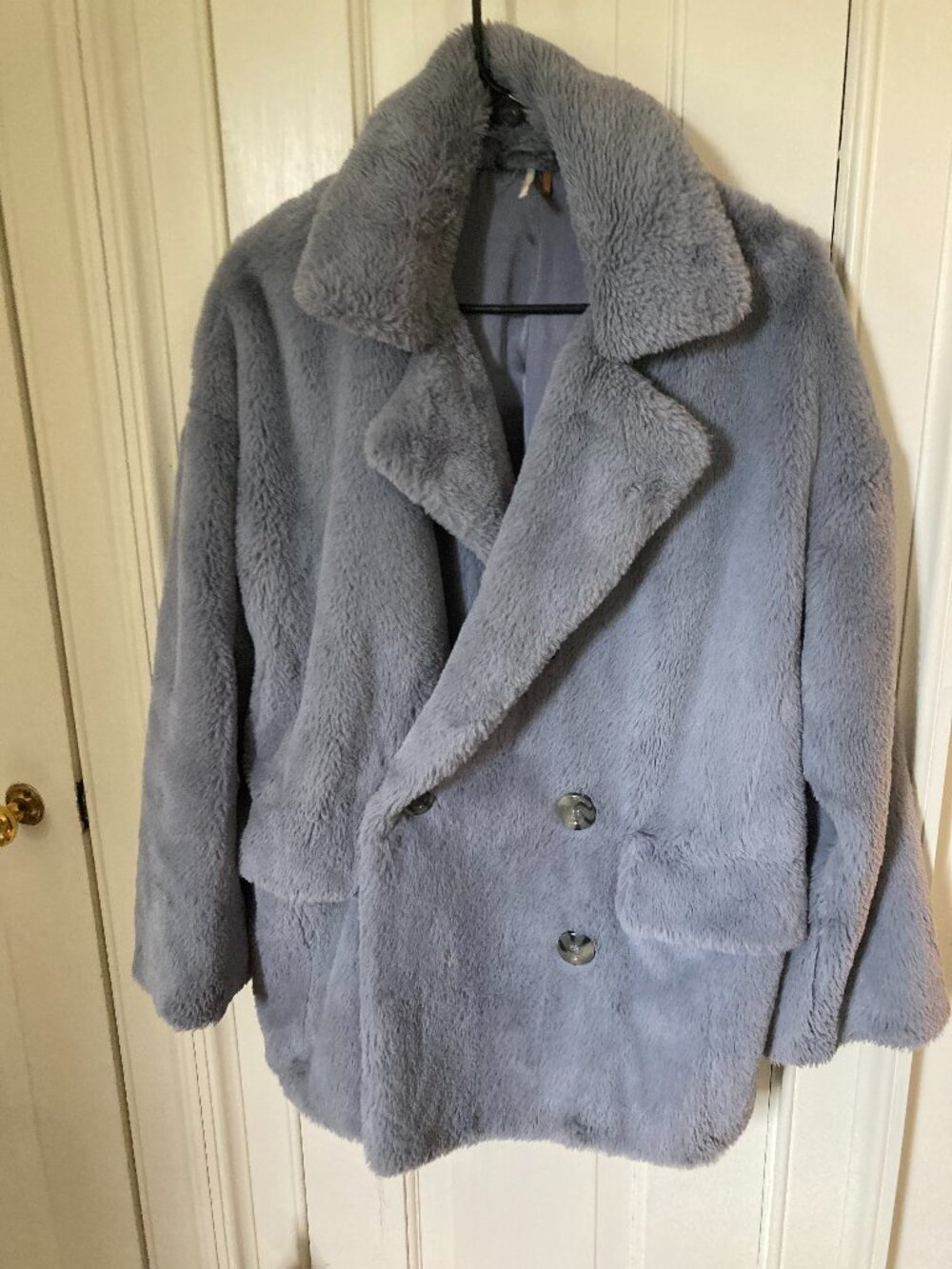 Free People Faux Fur Smoky Blue Grey Plush Coat Jacket lined M